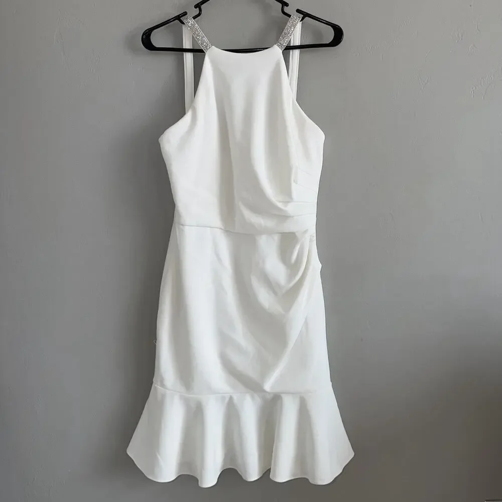 Betsy & Adam Woman’s Sz 6 White Mermaid Dress Silver Beaded Straps Cinched Waist